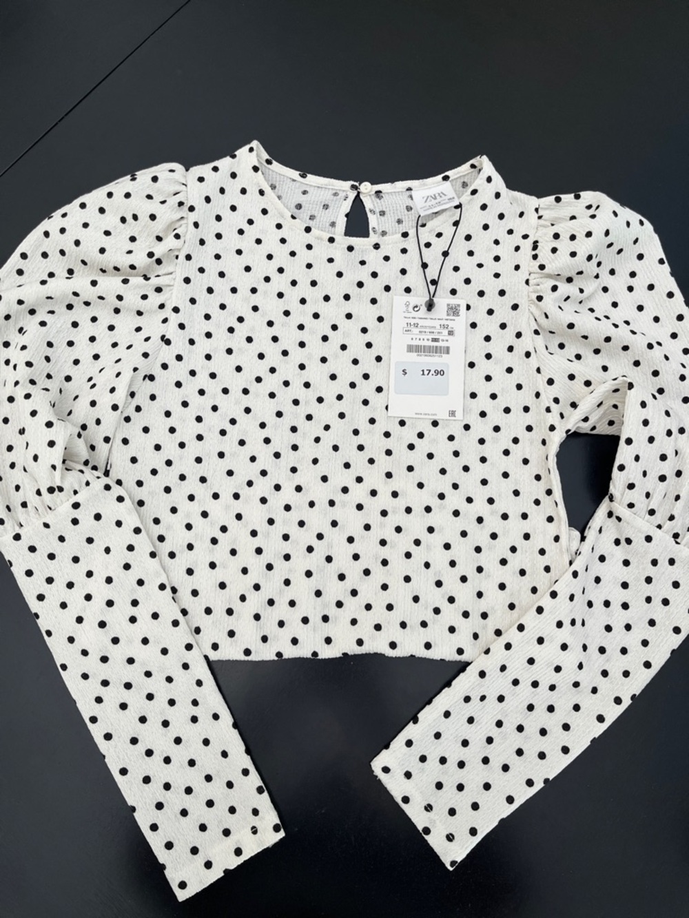 Zara White Polka Dot Puff-Sleeve Cropped Long Sleeve Top